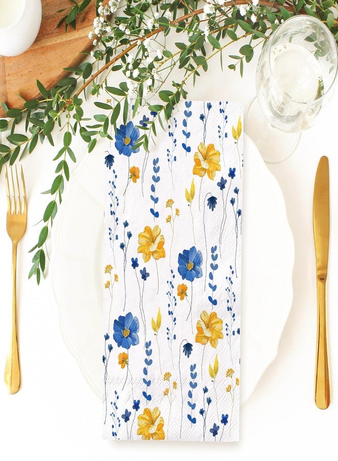 JarThenaAMCS مناديل ضيوف مزخرفة بالزهور من JarThenaAMCS، عبوة من 200 منديل، أصفر وأزرق، مناديل ورقية للاستخدام مرة واحدة، مناسبة لحفلات العشاء، وحفلات استقبال المولود، وأعياد الميلاد. - Image 3